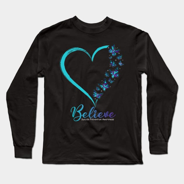 Butterfly Believe Suicide Prevention Awareness Ribbon Long Sleeve T-Shirt by Ortizhw